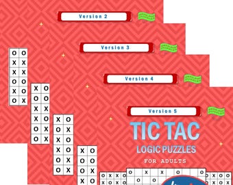 May include: A red and white digital download graphic for Tic Tac Logic Puzzles for adults. The image features multiple versions of the game, with the text "Instant Download" and "200 more puzzles for hours of fun."