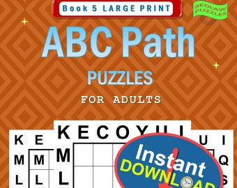 May include: A book cover with a red, white, and blue background. The title is "ABC Path Puzzles for Adults" with a black and white puzzle grid on the cover. The book is for instant download.