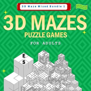 May include: A green cover with a white 3D maze puzzle on it. The cover has the text "3D Mazes Puzzle Games for Adults" and "390 Mazes in 3D for Hours of Fun".
