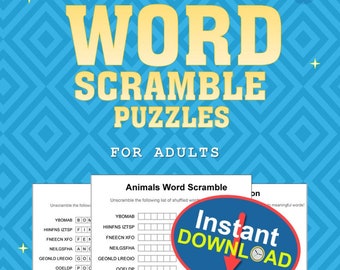 May include: A blue and yellow printable word scramble puzzle book for adults. The cover features the text "Word Scramble Puzzles for Adults" and a red button with the text "Instant Download".