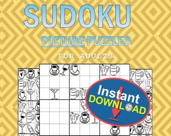 May include: A book cover with a yellow background and a black and white image of a Sudoku puzzle with a coffee cup theme. The title is "Sudoku Picture Puzzles for Adults" with the words "Easy Version" and "Instant Download" in red boxes. The book cover also includes the text "60 Puzzles for Hours of Fun".