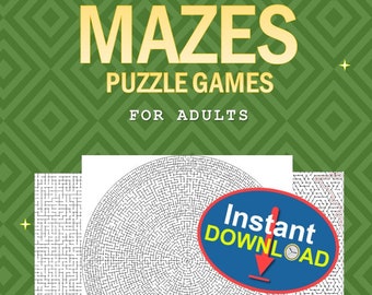 May include: A green and white cover with the text "Hard Version 1" and "MAZES PUZZLE GAMES FOR ADULTS". The cover also features a black and white circular maze with the text "Instant Download" in a blue circle.