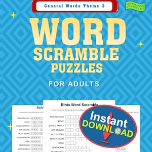 May include: A printable worksheet with a blue background and a yellow title that reads "Word Scramble Puzzles for Adults". The worksheet features a section titled "Birds Word Scramble" with a list of scrambled words related to birds. The worksheet also includes a section titled "Solution" with a list of unscrambled words. The worksheet is designed for adults to practice their word skills.