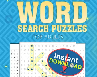 Puede incluir: Una portada amarilla y roja para un libro de rompecabezas de búsqueda de palabras. La portada presenta el texto "European Cities Word Search Puzzles for Adults" y un botón rojo y amarillo "Descarga instantánea".