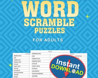 May include: A blue and yellow cover for a word scramble puzzle book for adults. The cover features the text "Word Scramble Puzzles for Adults" and "100+ Puzzles for Hours of Fun".