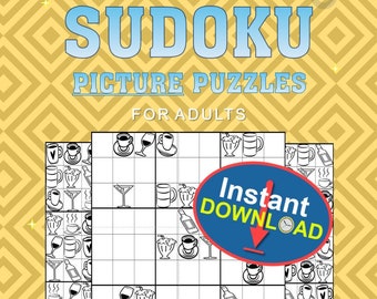 May include: A black and white Sudoku puzzle book with a colorful cover featuring a variety of coffee and drink icons. The cover text reads "Easy to Hard Sudoku Picture Puzzles for Adults" and "Instant Download".