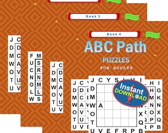 May include: An image of four puzzle books labeled "Book 1" through "Book 4" with the title "ABC Path Puzzles for Adults." The image includes a grid puzzle and a "Instant Download" badge. The background is a brown diamond pattern.
