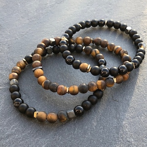 Herenarmbandenset, zwarte onyx, tijgeroog-mindfulnesscadeau, zen-sieraden genezend kristal