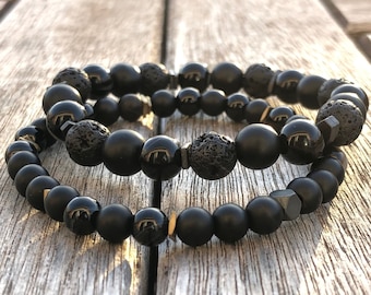 Mens Bracelet Set, Lava Stone, Black Onyx Gemstone Bracelet, Healing Crystal Anxiety Bracelet, Gifts for Men