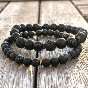 Mens Bracelet Set, Lava Stone, Black Onyx Gemstone Bracelet, Healing Crystal Anxiety Bracelet, Gifts for Men