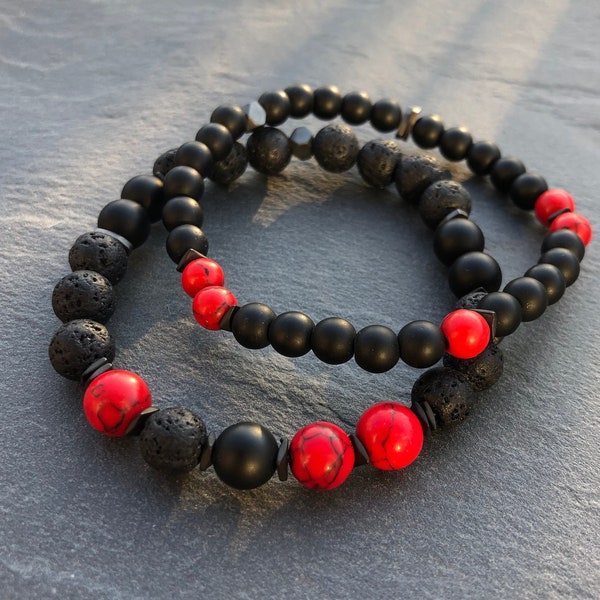 Rote Koralle Armband Männer, Lava Rock Angst Armband, spirituelles Geschenk für Männer, Heilung Kristall Zen Schmuck