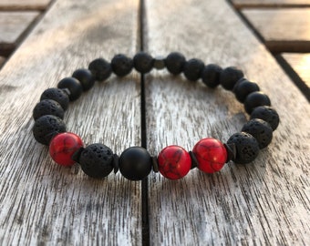 Mens Bracelet Red Coral, Lava Rock Stone Gift for Men, Healing Crystal Zen Jewelry