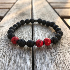 Herenarmband rood koraal, lavasteen cadeau voor mannen, helende kristallen zen-sieraden