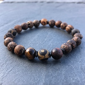 Tibetan Agate Bracelet, Grounding Crystal Jewelry, Mindfulness Gift for Men
