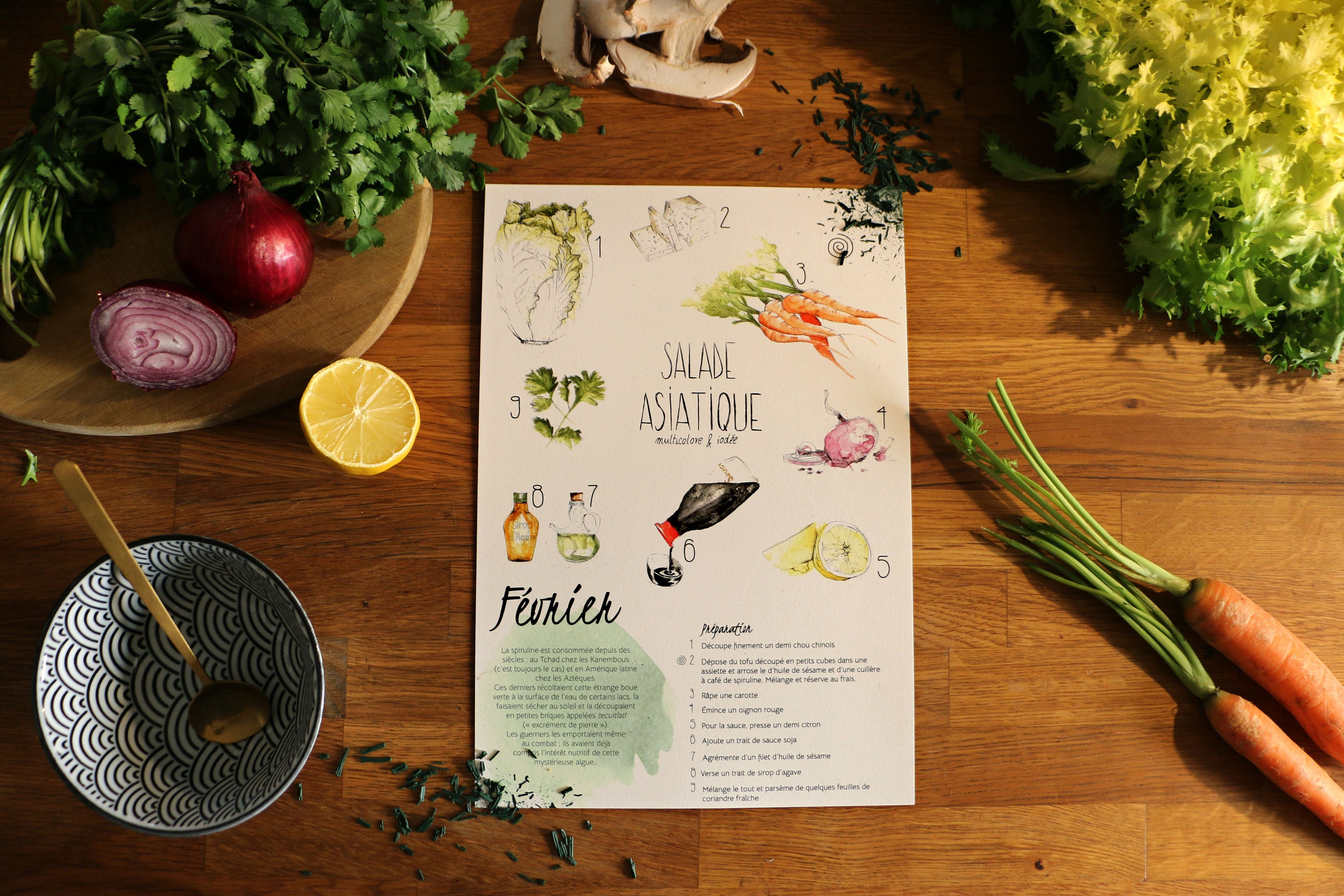 Fiches Recettes Mensuelles à La Spiruline - Aquarelle Fait Main Papier Recyclé Fibré 250G Calendrier