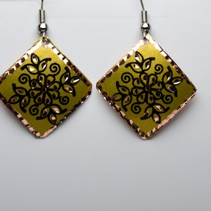 Yellow Square Floral Copper Earrings, Handmade Colorful Copper Earrings, Geometric Lightweight Earrings, Boho Chic Dangle Earrings