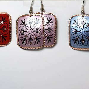 Metallic Colorful Copper Earrings, Handmade Colorful Floral Earrings, Floral Handmade Copper Earrings, Boho Dangle Square Earrings