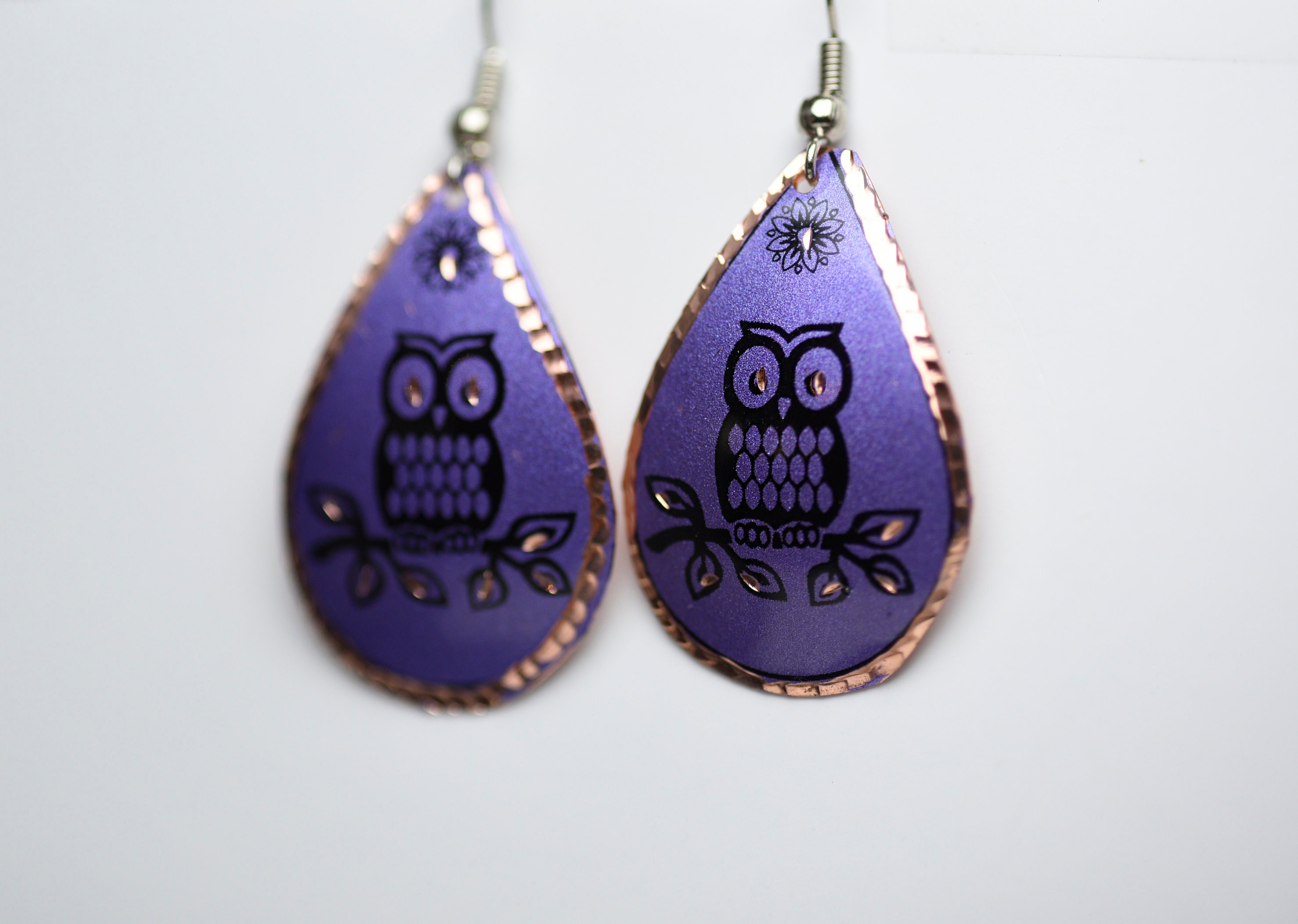 Purple Owl Copper Earrings, Teardrop Gypsy Earrings, Colorful Handmade Copper Earrings, Boho Hippie 