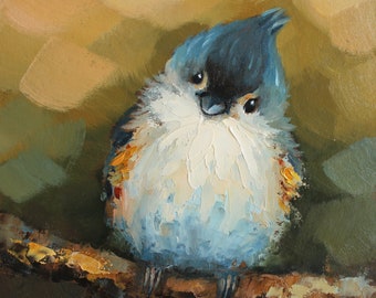 Tufted Titmouse CUSTOM original oil painting by Daiga Dimza Handmade Bird Wall art Fine gift for her Miniature artwork