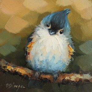 Carbonero copetudo Pintura al óleo original personalizada de Daiga Dimza Arte de pared de pájaro hecho a mano Buen regalo para ella Obra de arte en miniatura