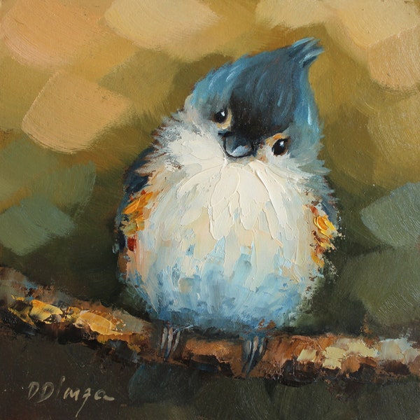 Tufted Titmouse CUSTOM original oil painting by Daiga Dimza Handmade Bird Wall art Fine gift for her Miniature artwork