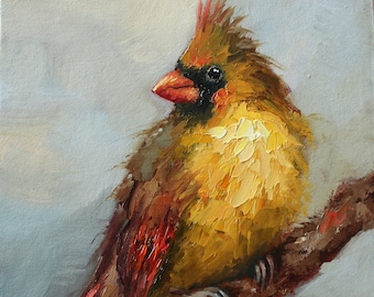 Red Cardinal female CUSTOM original oil painting by Daiga Dimza Handmade Bird Wall art Fine gift for her Miniature artwork