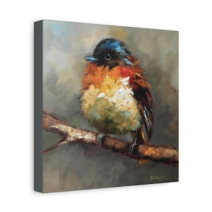 Orange black flycatcher bird print on Canvas Gallery Wraps designed of original oil painting by Daiga Dimza