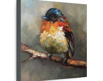 Orange black flycatcher bird print on Canvas Gallery Wraps designed of original oil painting by Daiga Dimza