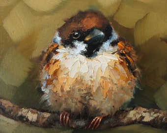 Sparrow CUSTOM original oil painting by Daiga Dimza Handmade Bird Wall art Fine gift for her Miniature artwork