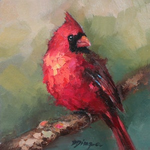 Red Cardinal CUSTOM pintura al óleo original de Daiga Dimza Handmade Bird Wall art Buen regalo para su obra de arte en miniatura