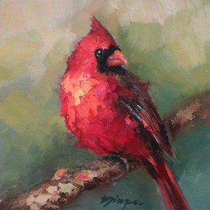 Red Cardinal CUSTOM original oil painting by Daiga Dimza Handmade Bird Wall art Fine gift for her Miniature artwork