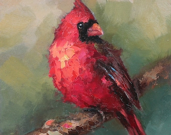 Red Cardinal CUSTOM original oil painting by Daiga Dimza Handmade Bird Wall art Fine gift for her Miniature artwork