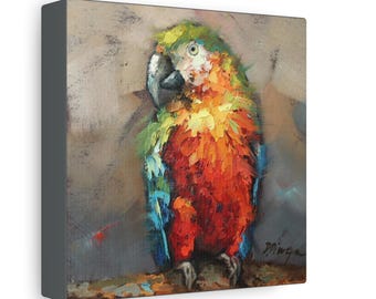 Parrot bird print on canvas designed from original oil painting by Daiga Dimza Handmade Bird Wall art Fine gift for her Miniature artwork
