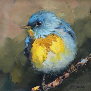 Bluebird CUSTOM peinture à l’huile originale par Daiga Dimza Handmade Bird Wall art Cadeau raffiné pour son œuvre d’art miniature