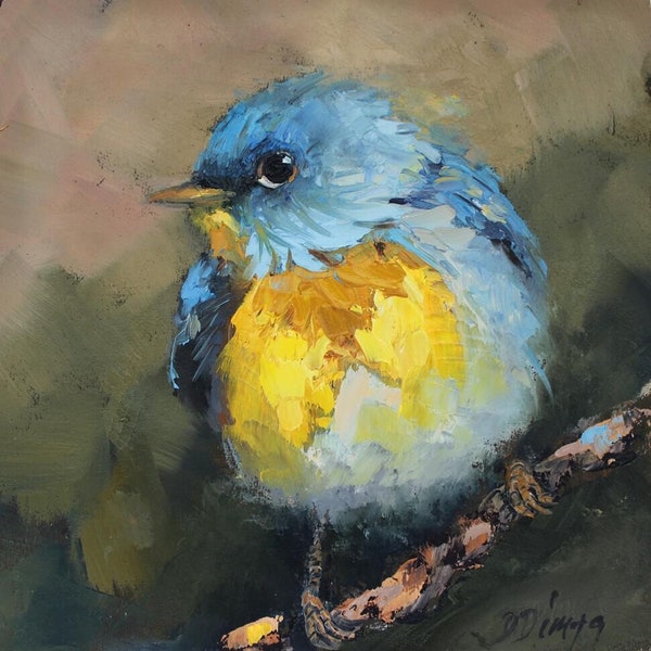 Bluebird CUSTOM Original Ölgemälde von Daiga Dimza Handgemachte Vogel Wandkunst Schönes Geschenk für sie Miniatur-Kunstwerk