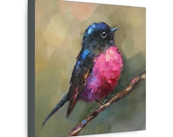 Pink Robin bird print on Canvas Gallery Wraps designed of original oil painting by Daiga Dimza