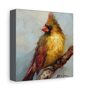 Red cardinal female bird print on Canvas Gallery Wraps designed of original oil painting by Daiga Dimza