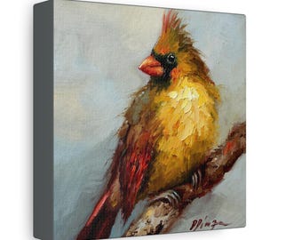 Red cardinal female bird print on Canvas Gallery Wraps designed of original oil painting by Daiga Dimza