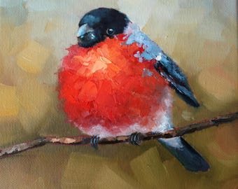 Bullfich bird original oil painting by Daiga Dimza, Handmade Bird Wall art, Fine gift for her, Miniature artwork, Textured