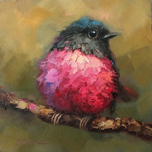 Pink Robin CUSTOM original oil painting by Daiga Dimza Handmade Bird Wall art Fine gift for her Miniature artwork