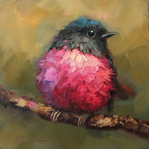 Pintura al óleo original PERSONALIZADA de petirrojo rosa de Daiga Dimza Arte de pared de pájaro hecho a mano Buen regalo para ella Obra de arte en miniatura