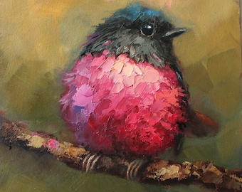 Pink Robin CUSTOM original oil painting by Daiga Dimza Handmade Bird Wall art Fine gift for her Miniature artwork