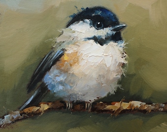 Chickadee bird CUSTOM original oil painting by Daiga Dimza Handmade Bird Wall art Fine gift for her Miniature artwork