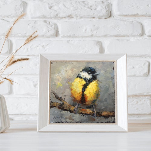 Great outlet Tit bird original oil painting by Daiga Dimza Handmade Bird Wall art Fine gift for her Miniature artwork