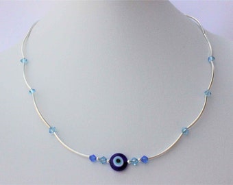 Evil Eye and Swarovski Crystal Sterling Silver Necklace