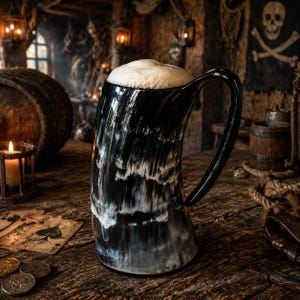 Può includere: Un grande boccale di birra a forma di corno pieno di birra schiumosa. Il boccale è nero e bianco con un manico curvo. Lo sfondo include un tavolo di legno, carte da gioco, monete e una bandiera pirata.