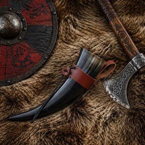 Peut inclure: Nature morte sur le thème viking avec une corne à boire noire avec une sangle en cuir marron, une hache en bois et un bouclier rond avec des accents rouges et noirs. Les objets reposent sur une surface en forme de fourrure brune.