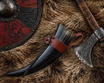Viking Drinking Horn with Leather Belt Holder – Mead Horn (0.2–0.9L) – Medieval Mug, LARP, Reenactment Gift.