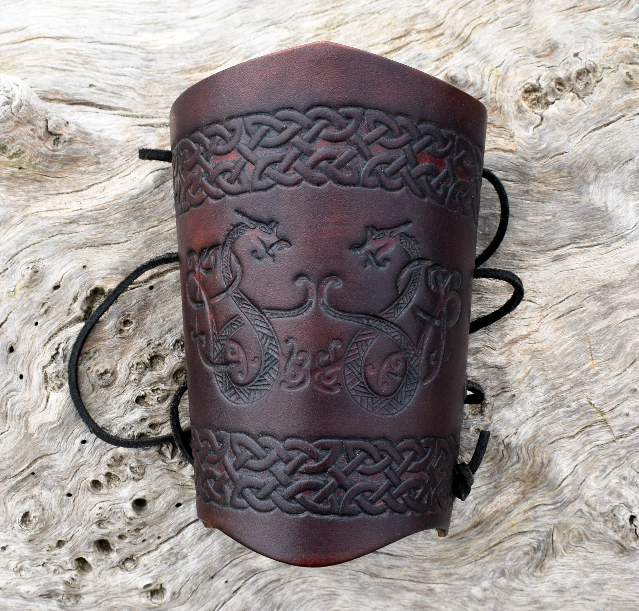 Viking bracers with etched brass accents “Gudrun the Wolfdottir