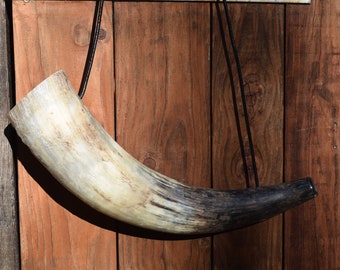 Viking blow horn natural, war horn from 40-50cm with black leather strap. Larp, reenactment.